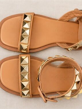 Women’s Tan Pyramid-Stud Ankle-Strap Sandals